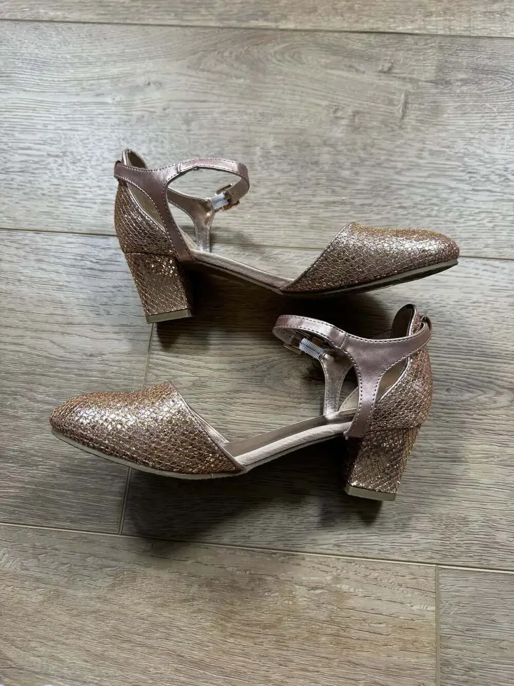 Michael Kors Kids Thessaly Kris Rose Gold Glitter Block Heel Shoes Sz 4